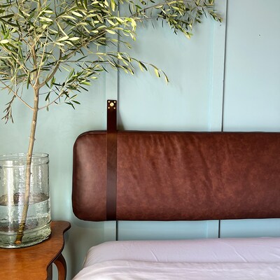 Cognac Brown Distressed Leather - Wall Mounted Headboard or Backrest Cushion with Straps - image3